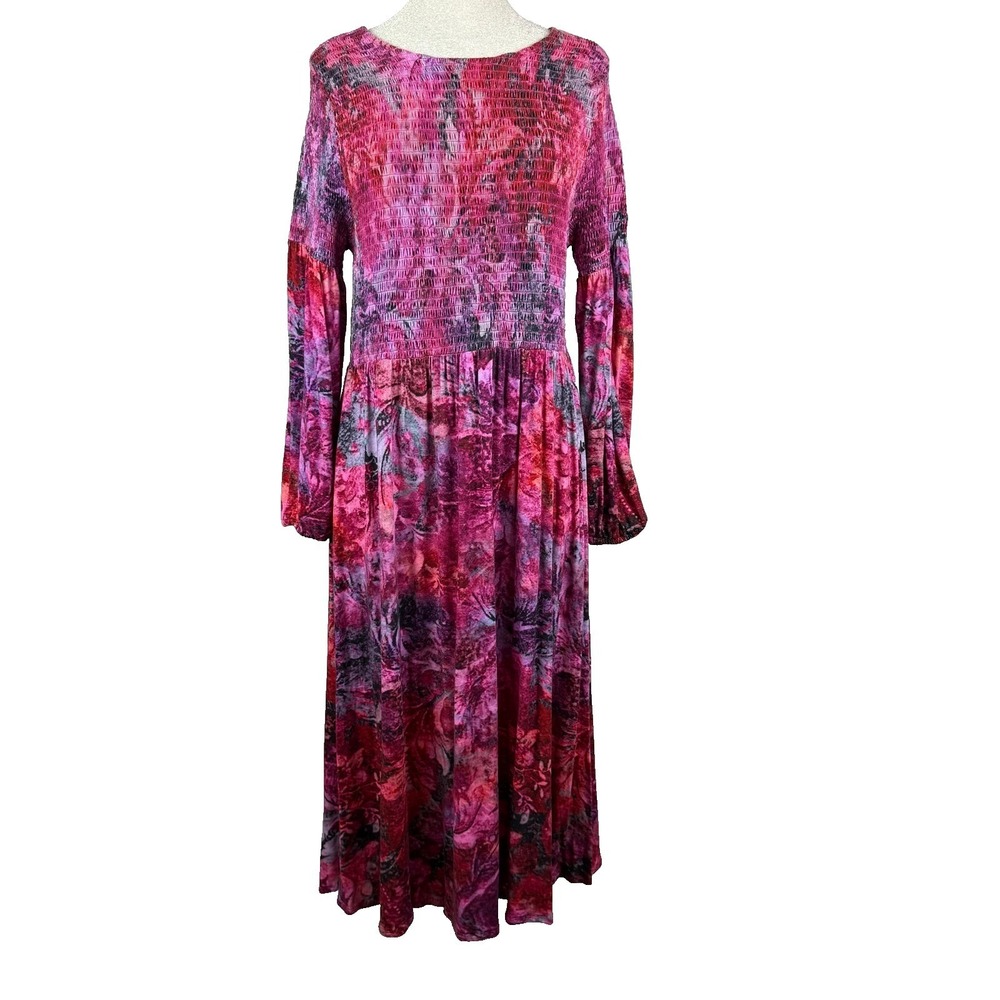 Soft Surroundings Midi Dress Womens PM Pink Purple Velvet Smocked Whimsigoth - Picture 2 of 10